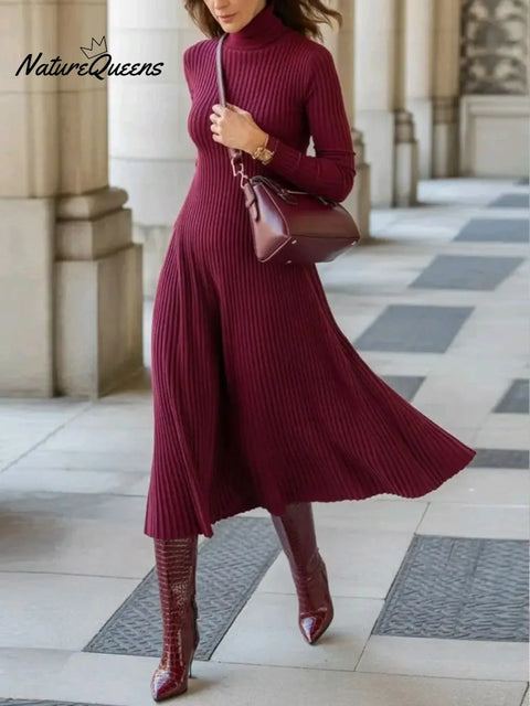 Women's Solid Color High-neck Long-sleeve Casual Loose A-line Knit Dress
