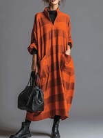 Cozy Plaid Print Loose-fitting Stand-collar Dress