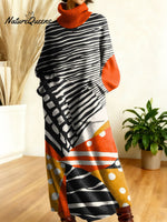 Women's Retro Abstract Geometric Colorful Splicing Patterns Art High-neck Long-sleeve Casual Loose Knit Dress
