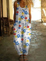 Women's Vintage Flower Print Casual Cotton Vest Jumpsuit