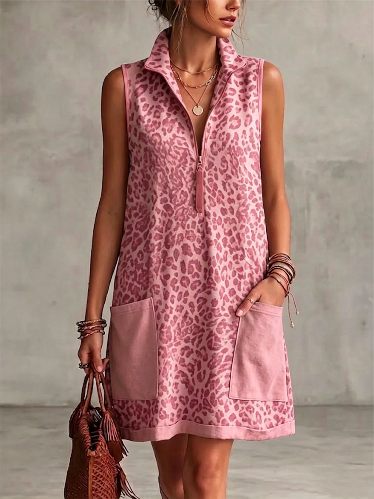 Leopard Print Sleeveless Cropped Dress Featuring A Half-zip Collar And Contrasting Patch Pockets.