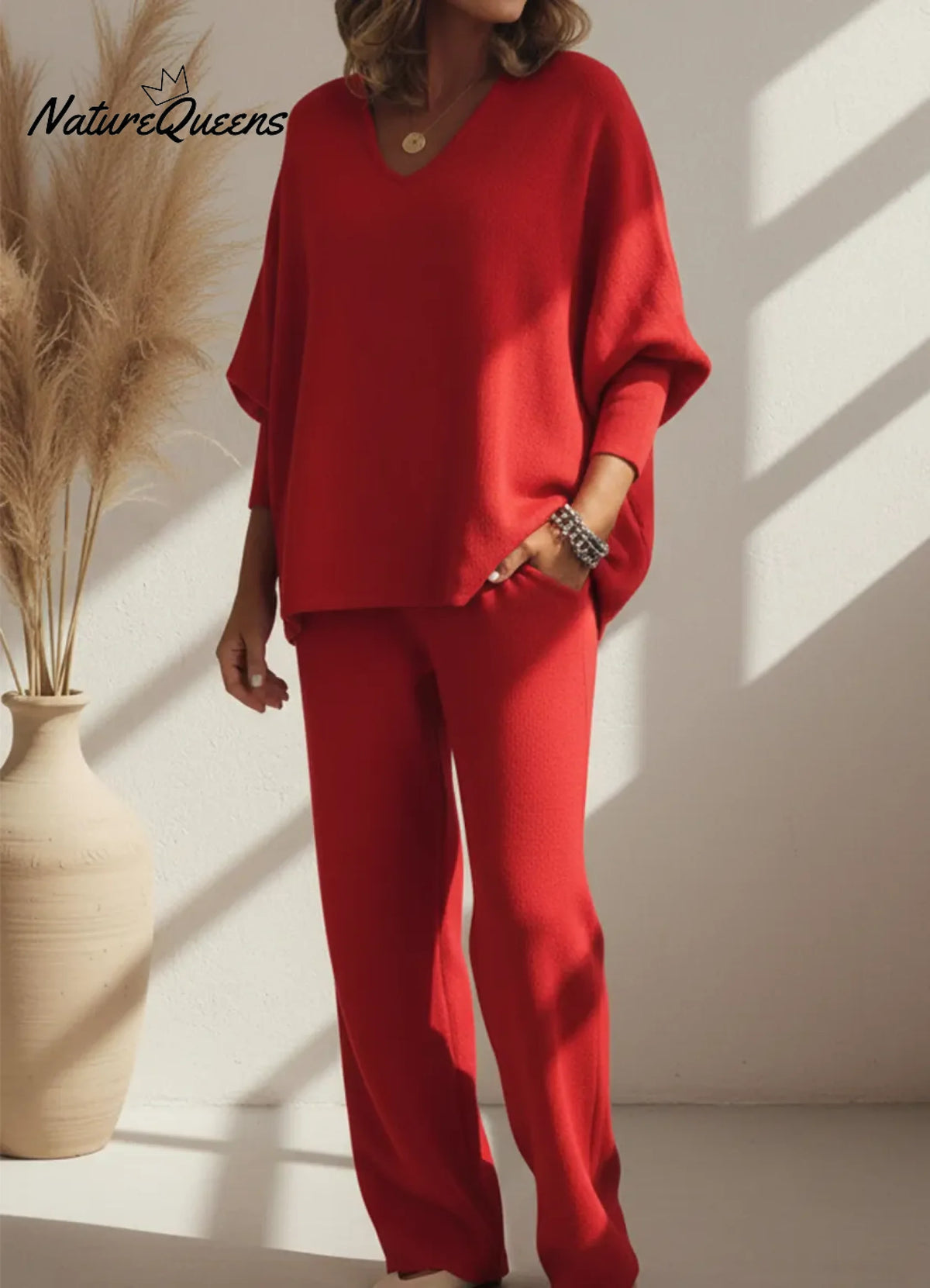 Cozy Solid Color V-neck Knit Top And Pants Two-piece Set
