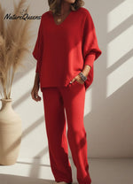 Cozy Solid Color V-neck Knit Top And Pants Two-piece Set
