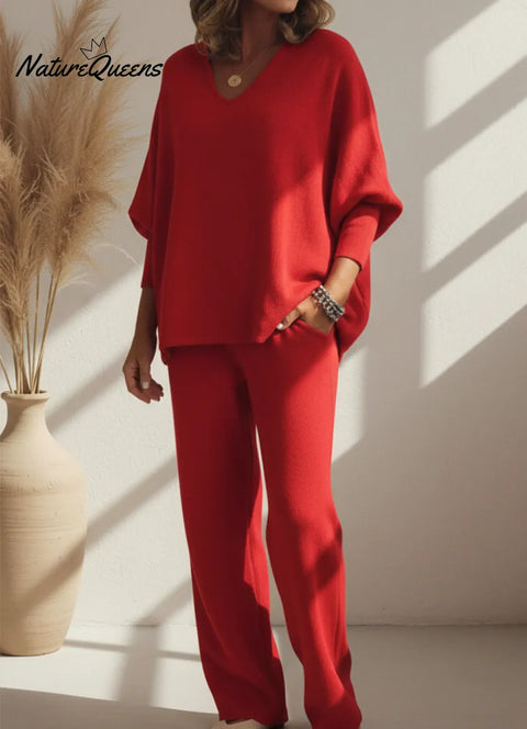 Cozy Solid Color V-neck Knit Top And Pants Two-piece Set