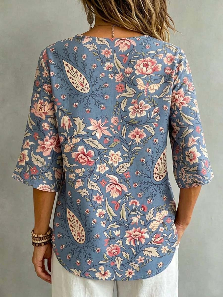 Women's Retro Floral Art Print Casual Short Sleeve Cotton Linen Shirt