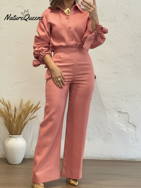 Elegant Cuff Tie Top And Pants Solid Color Linen Two-piece Suit