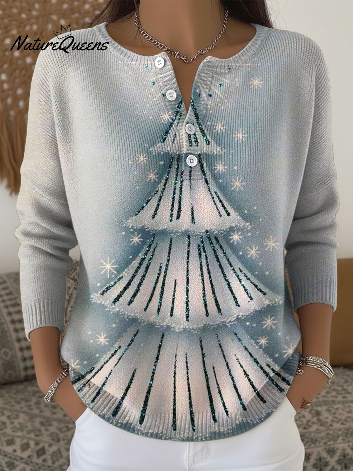Women's Retro Christmas Trees Snowflake Pattern Art Print Buttoned Cardigan Sweater