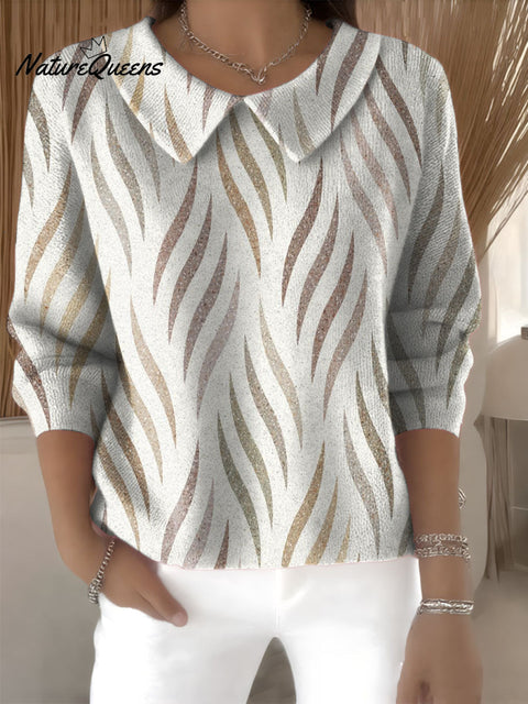 Simple Geometric Short Wavy Line Decorative Patterns Women's Casual Peter Pan Collar 3/4 Sleeve Sweater