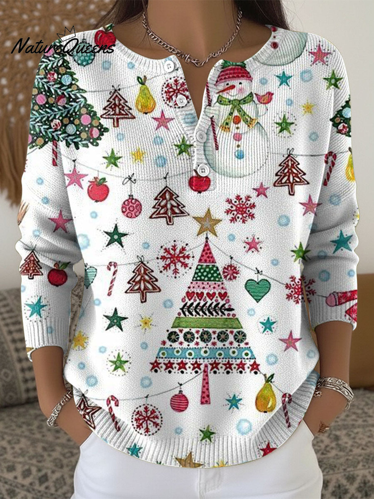 Women's Retro Christmas Tree Snowflake Art Pattern Art Print Buttoned Cardigan Sweater