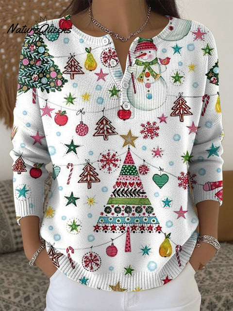 Women's Retro Christmas Tree Snowflake Art Pattern Art Print Buttoned Cardigan Sweater