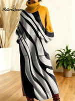 Women's Retro Abstract Geometric Colorful Splicing Patterns Art High-neck Long-sleeve Casual Loose Knit Dress