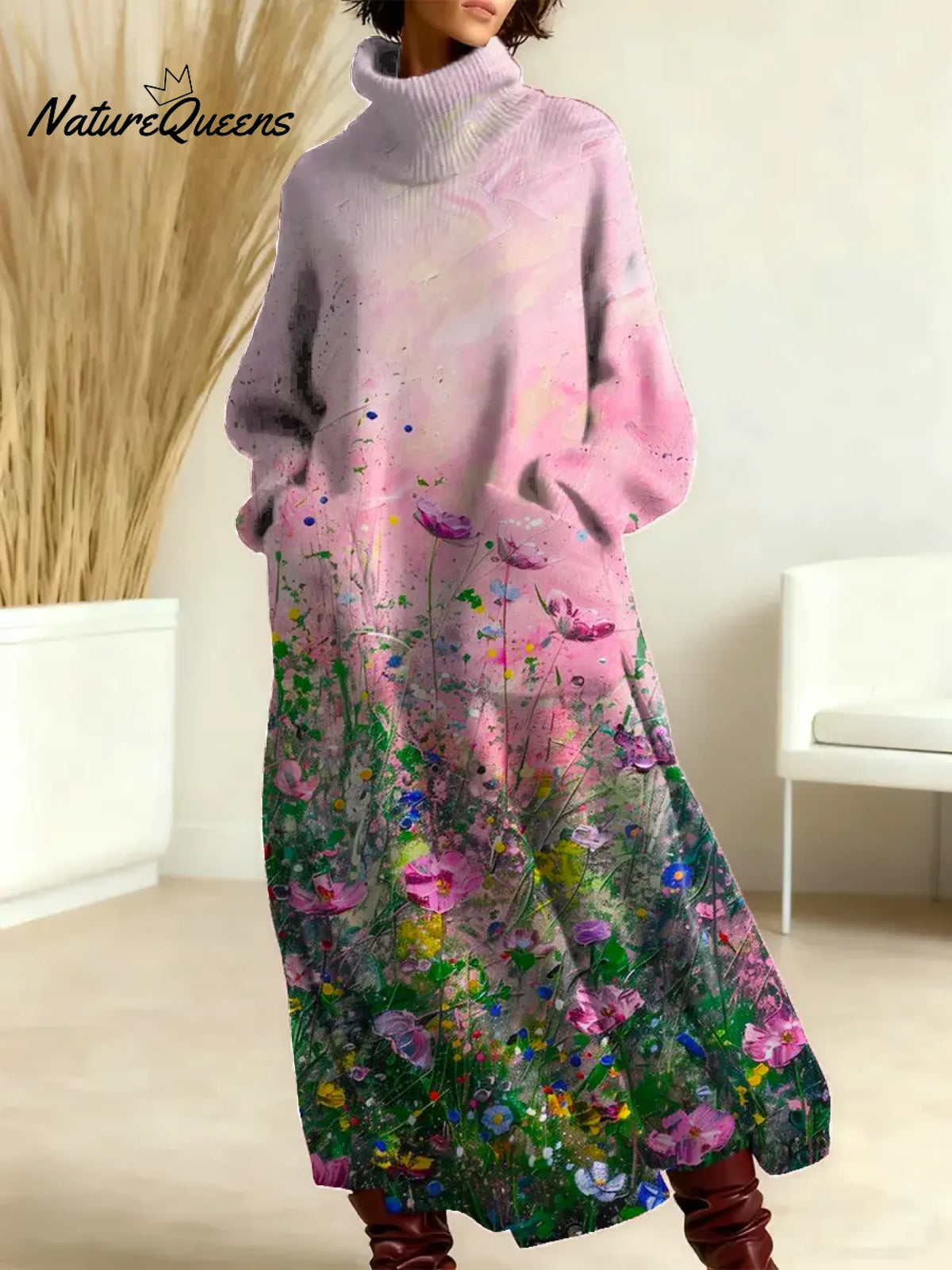 Women's Floral Pattern Art Print Casual Cotton Knitted Dress