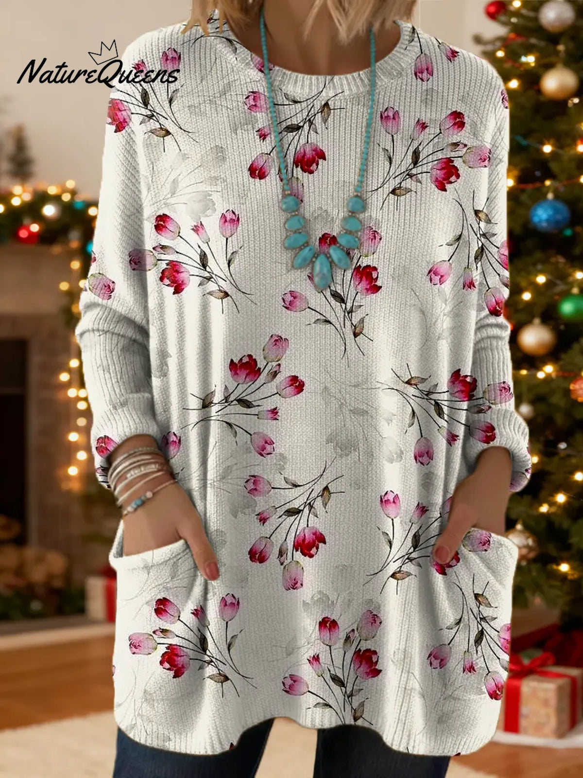 Women's Floral Pattern Art Print Casual Cotton Knitted Sweater