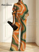 Women's Abstract Pattern Art Print Casual Cotton Knitted Suits