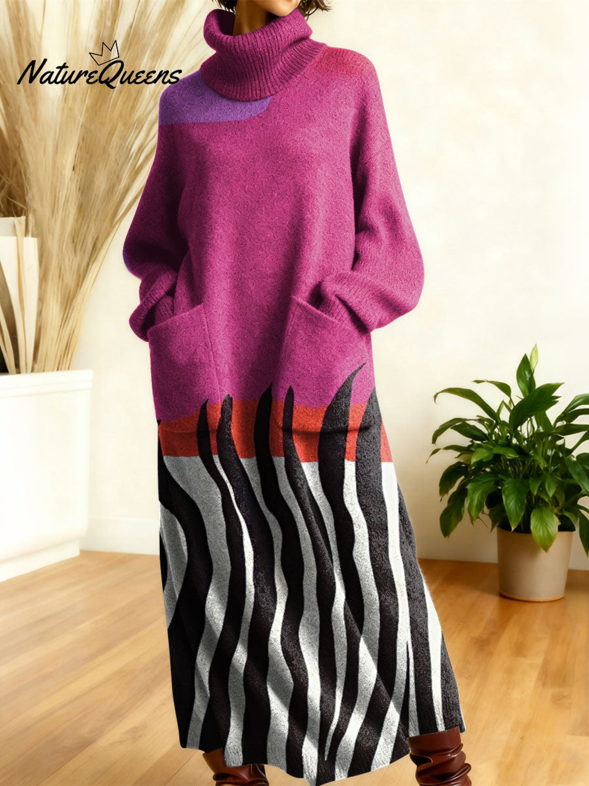 Women's Retro Abstract Geometric Colorful Splicing Patterns Art High-neck Long-sleeve Casual Loose Knit Dress