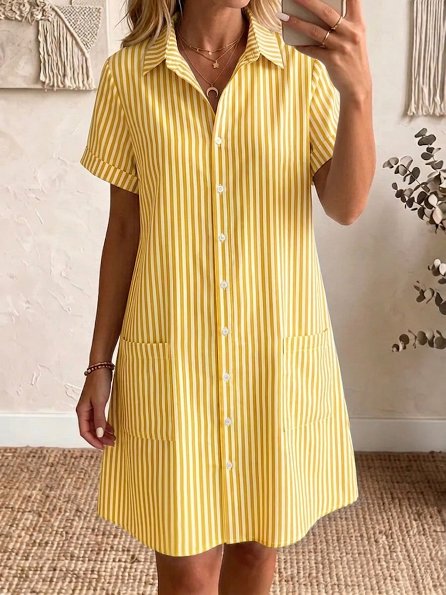 Women's Vibrant Striped Print Casual Pocket Cotton Dress