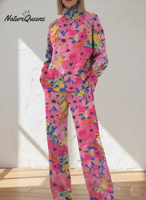 Women's Retro Flower  Art Print Casual Knit Set