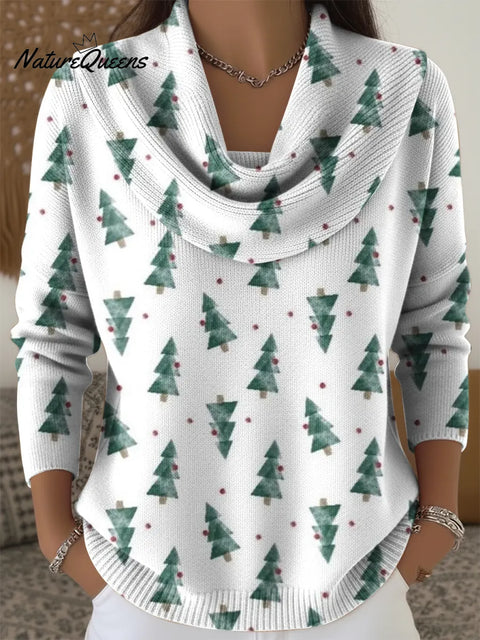 Women's Cute And Simple Christmas Tree Print Cowl Neck Sweater