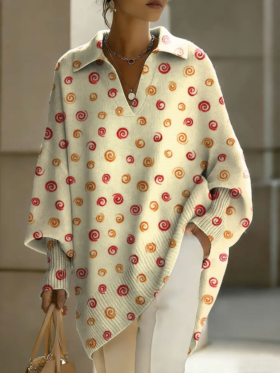 Women's Abstract Art Geometry Patterns V-neck Long-sleeved Casual Loose-fitting Knitted Pullover Sweater