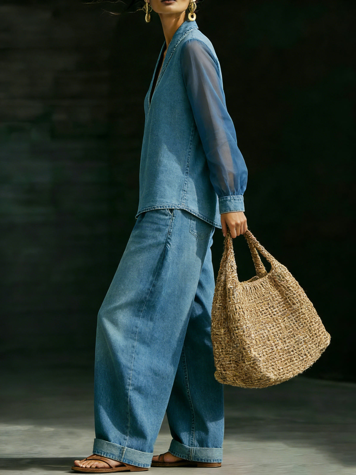 Elegant Stylish Mesh Sleeves Top Denim Two-piece Set