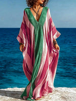 Women's Striped Print V-neck Long-sleeve Casual Loose Cotton-linen Dress