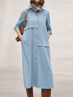 Women's Solid Color Lapel Long-sleeved Casual Loose Cotton And Linen Shirt Dress