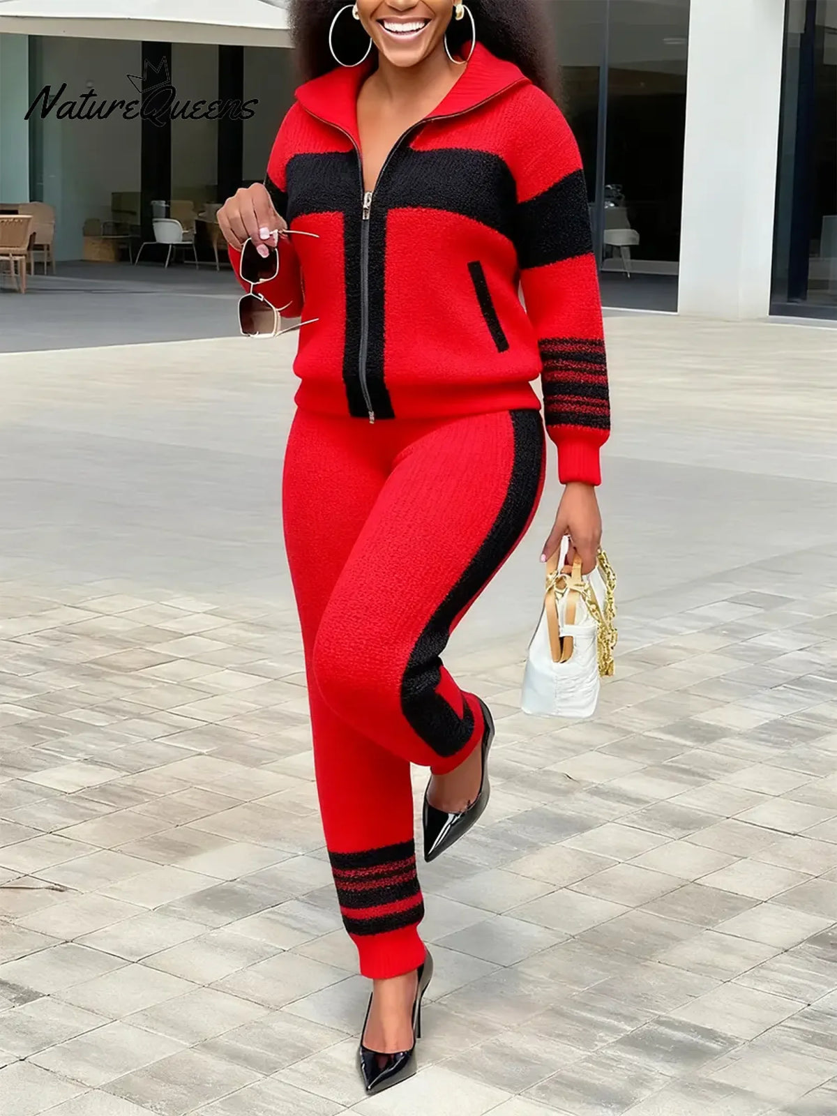 Women's Color Block Stand Collar Long Sleeve Casual Loose Knit Cardigan Top And Elastic Waist Casual Pants Set