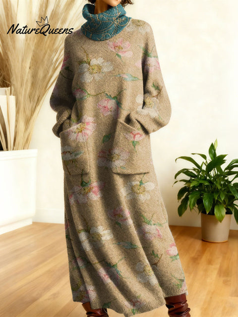 Women's Retro Floral Flowers High-neck Long-sleeve Casual Loose Knit Dress