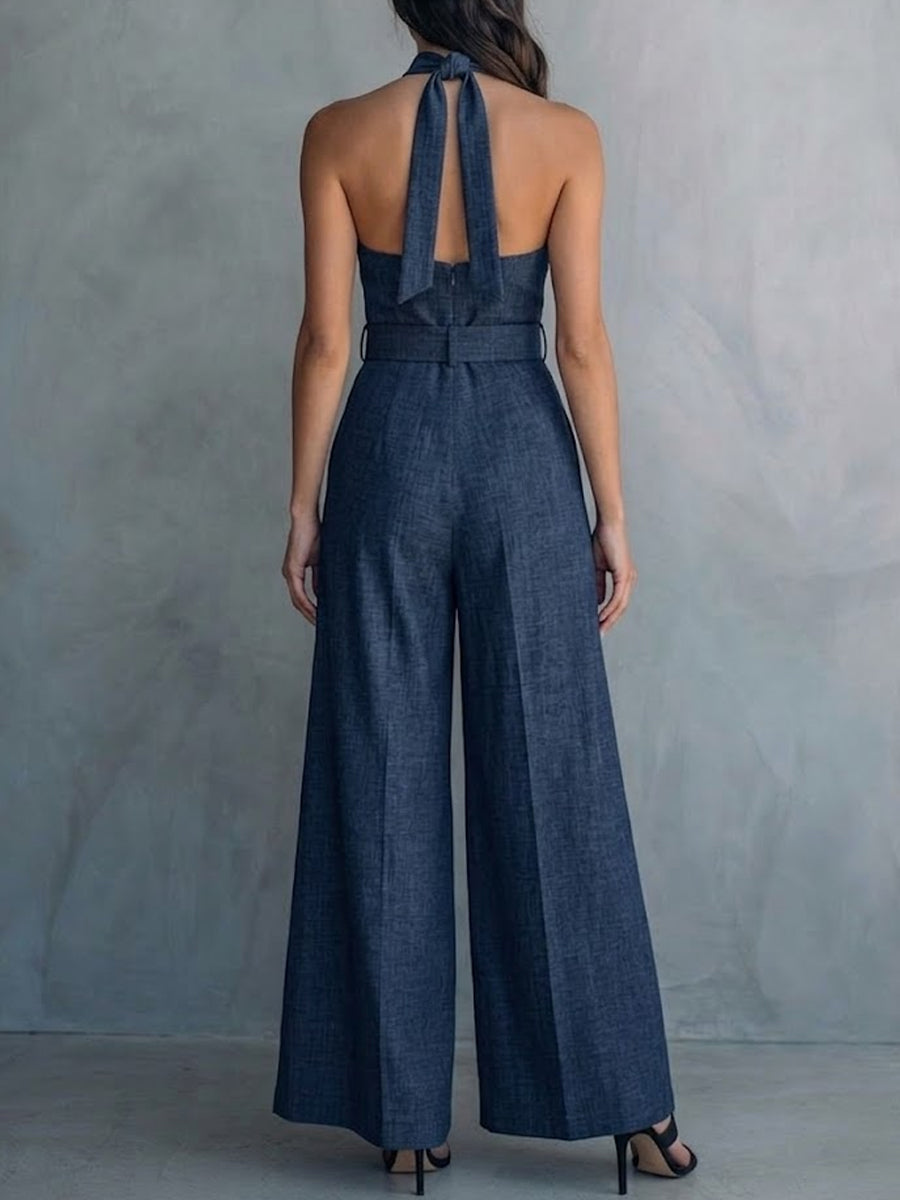 Women's Deep V-neck Cotton And Linen Jumpsuit