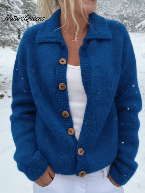 Cozy Wooden Button Polo Collar Knit Cardigan