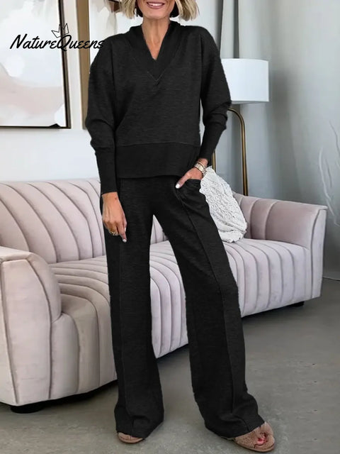 Women's Solid Color V-Neck Long Sleeve Casual Loose Sweatshirt High Waist Casual Loose Wide Leg Set