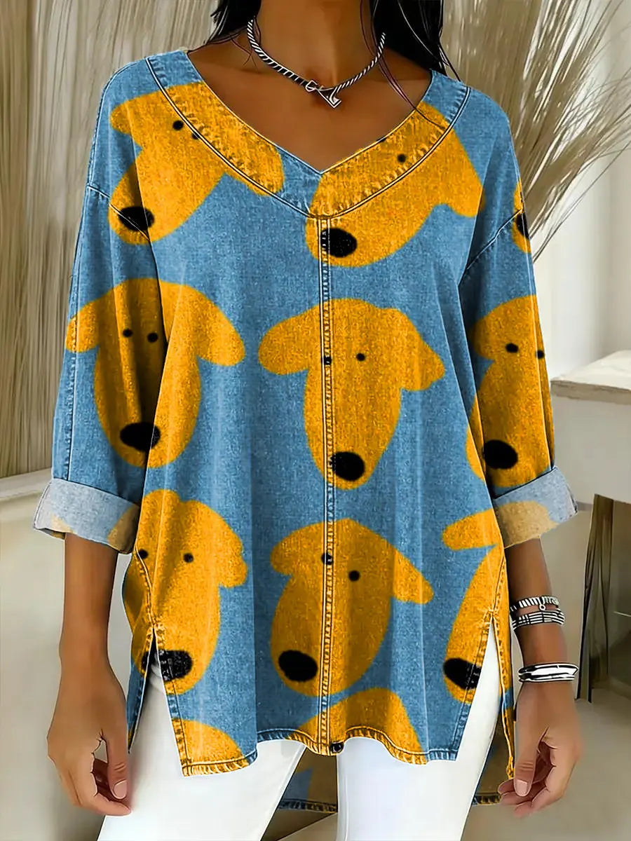 Women's Funny Dogs Pattern Art Print Casual Denim Shirt