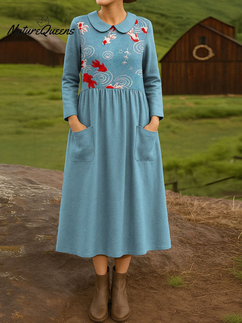 Fun Goldfish Decorative Patterns Women's Casual Peter Pan Collar Long Sleeve Dress