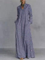 Women's Plaid Print V-neck Long-sleeved Casual Loose Cotton And Linen Dress