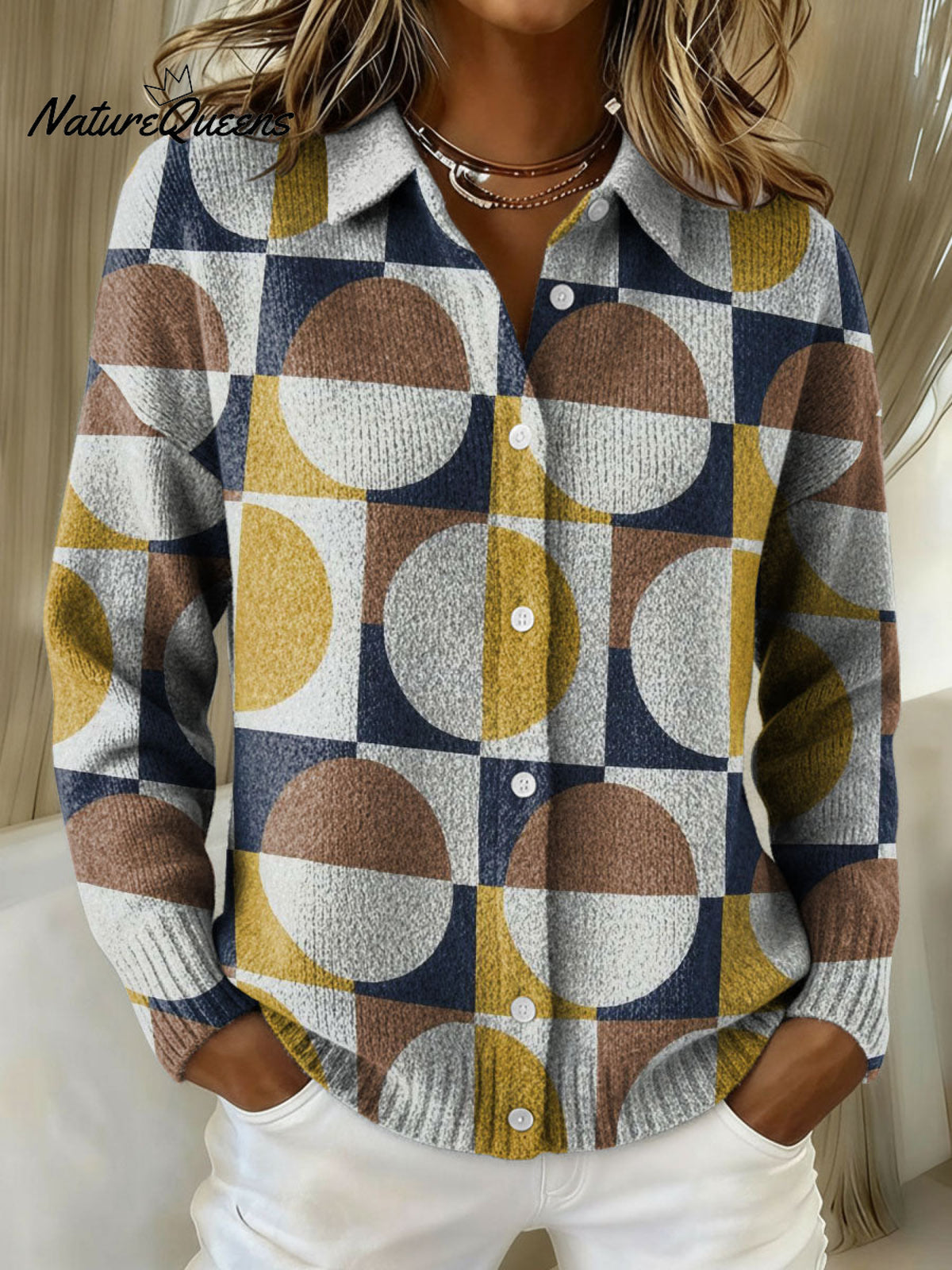 Geometric Decorative Patterns Casual Shirt Collar Long Sleeve Sweater