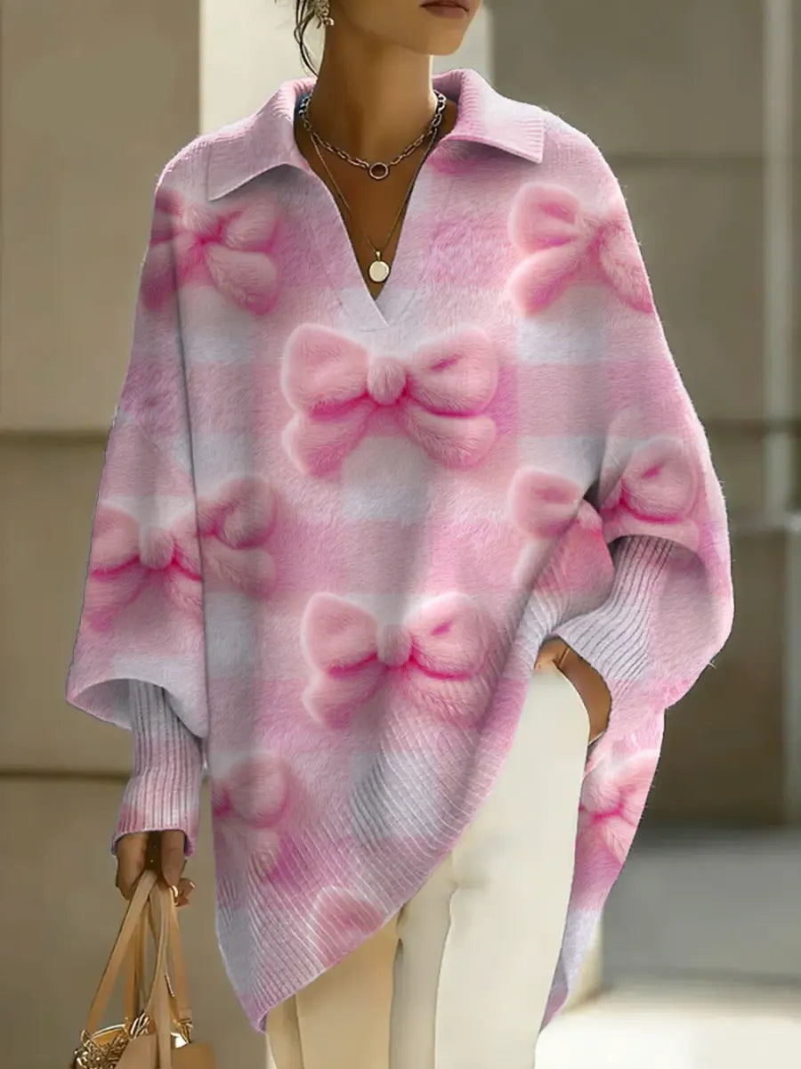 Women's Bow Art Print Casual Knit Sweater