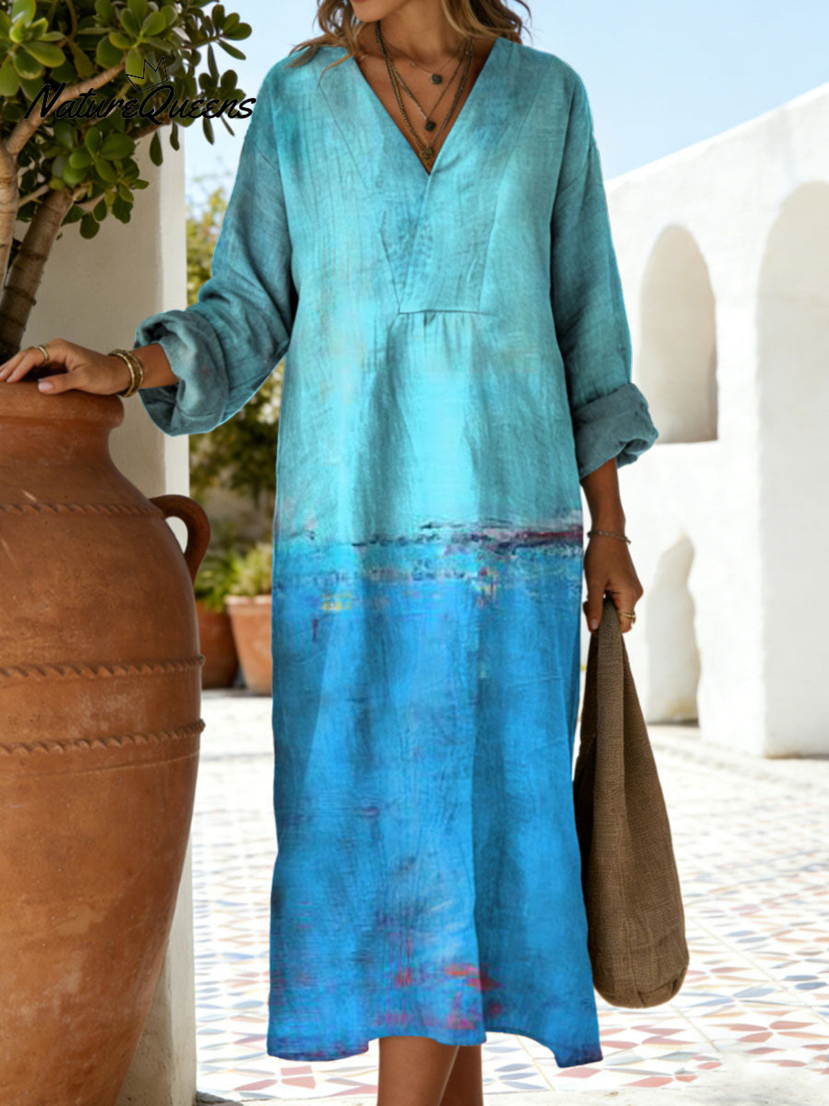 Women's Abstract Colors Blue Pattern Art Print Casual Cotton Dress