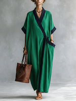 Women's V-neck 3/4 Sleeve Casual Loose Cotton Linen Dress