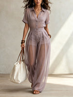 Women’s Summer Casual Fashion Chiffon Short-sleeve Shirt Jumpsuit