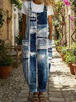 Women's Watercolor Art Patterns Print Casual Denim Jumpsuit