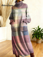 Women's Retro Colors And Plaid Patterns Art High-neck Long-sleeve Casual Loose Knit Dress