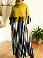 Women's Retro Abstract Geometric Colorful Splicing Patterns Art High-neck Long-sleeve Casual Loose Knit Dress