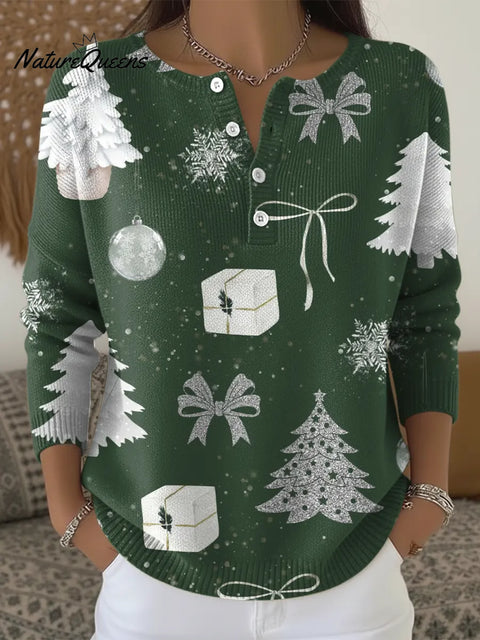 Green Christmas Print Buttoned Cardigan Sweater