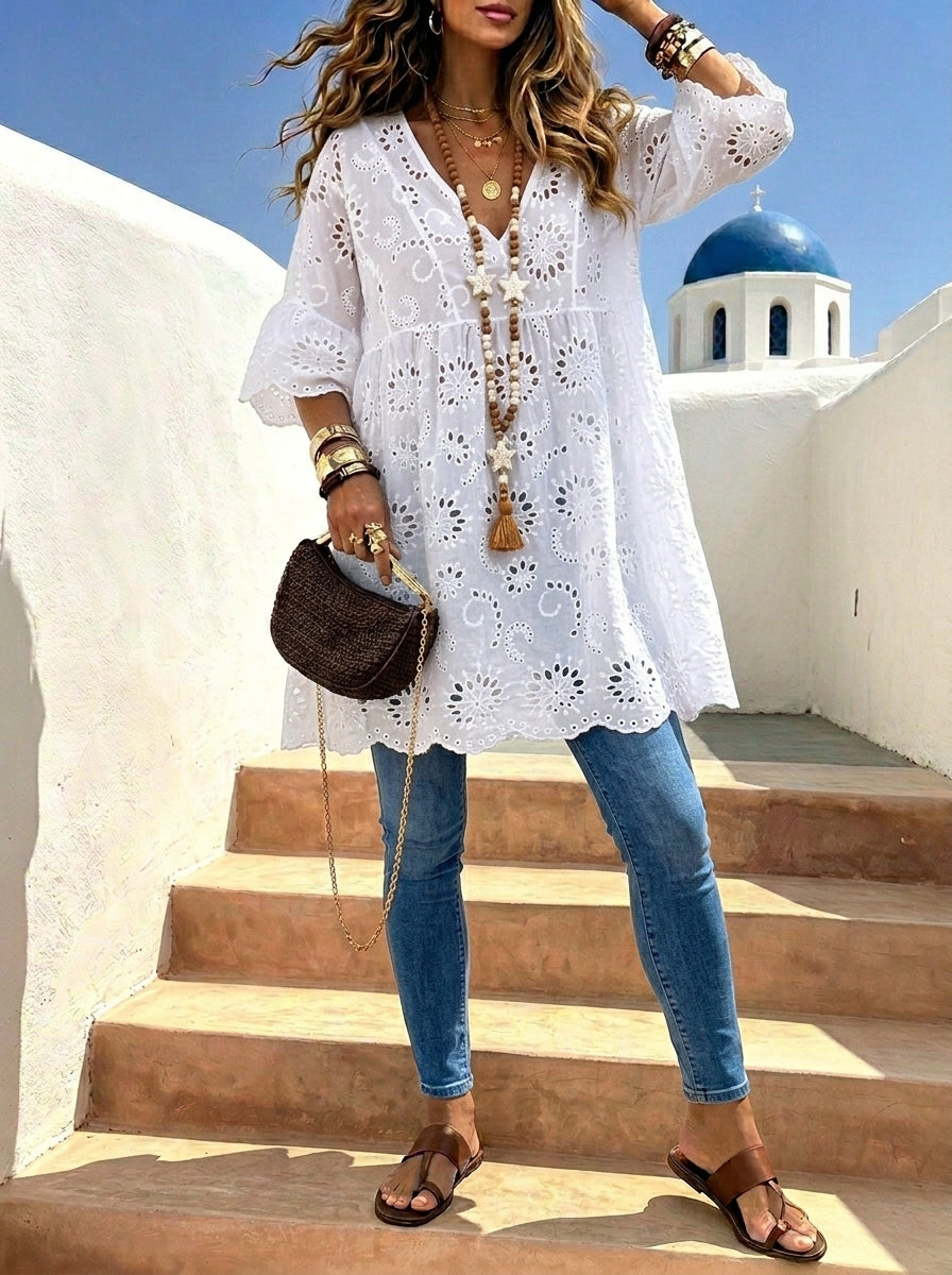 Women's V-neck Lace-up Embroidered Tunic Short-sleeve Top