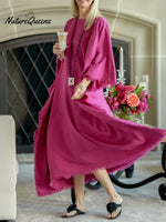 Women's Solid Color Round Neck Long-sleeved Casual Loose Cotton And Linen Dress