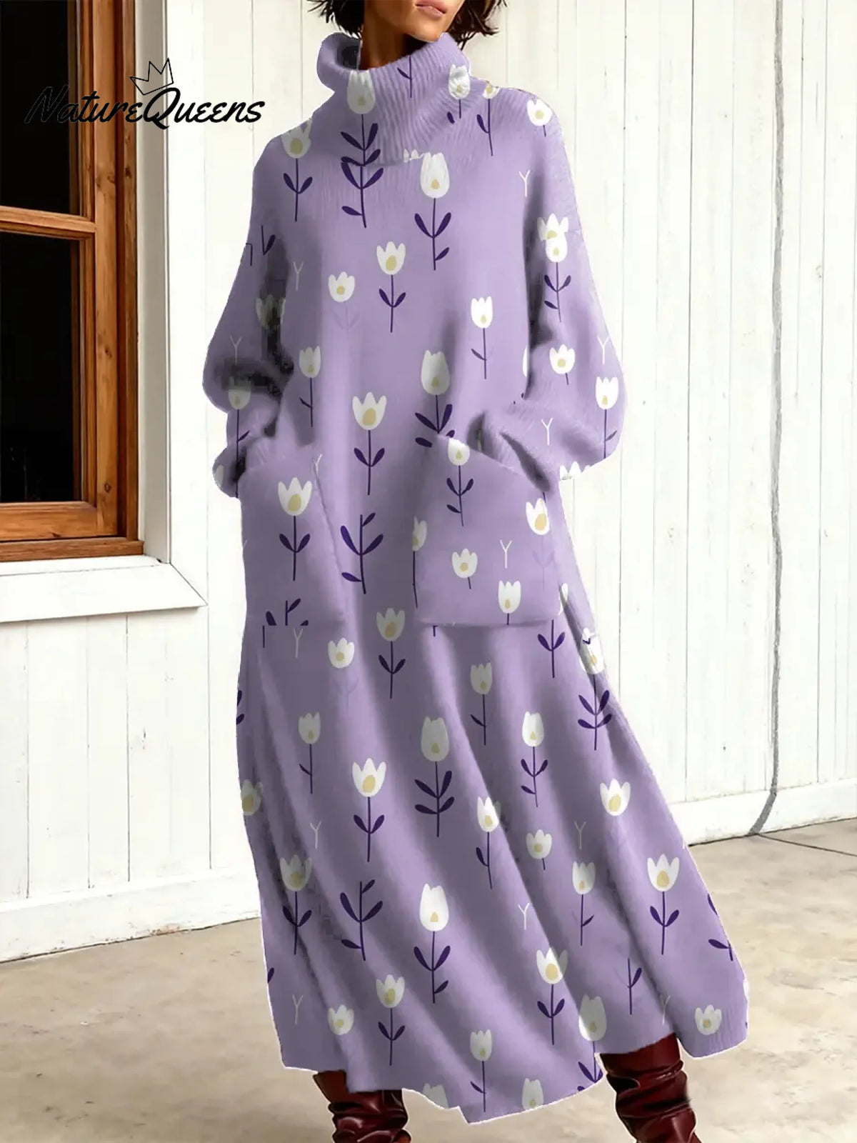 Women's Vintage Flower Art Print Casual Cotton Knitted Dress