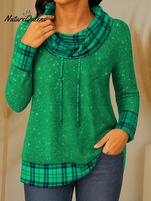 Women's Plaid Print Splicing Drawstring Collar Long Sleeve Casual Loose Top