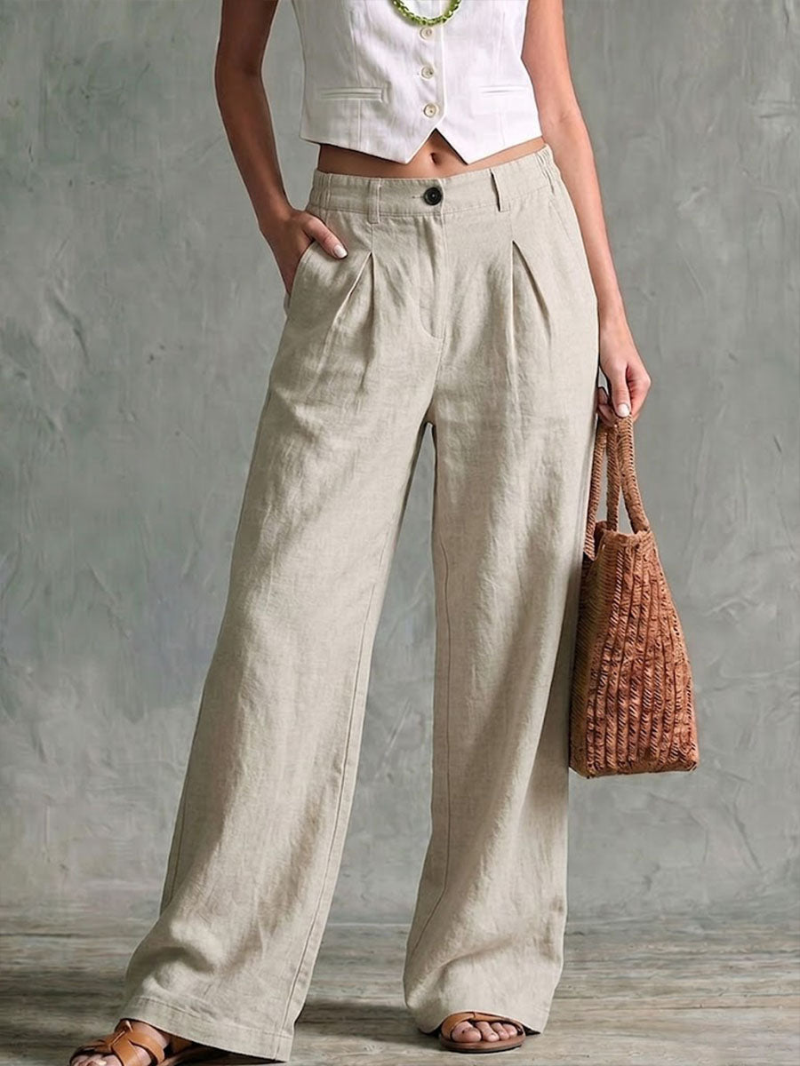 Women's Solid-color High-waisted Loose-fit Cotton-linen Wide-leg Pants