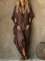 Women's Solid-color V-neck 3/4-sleeve Casual Loose Cotton-linen Dress