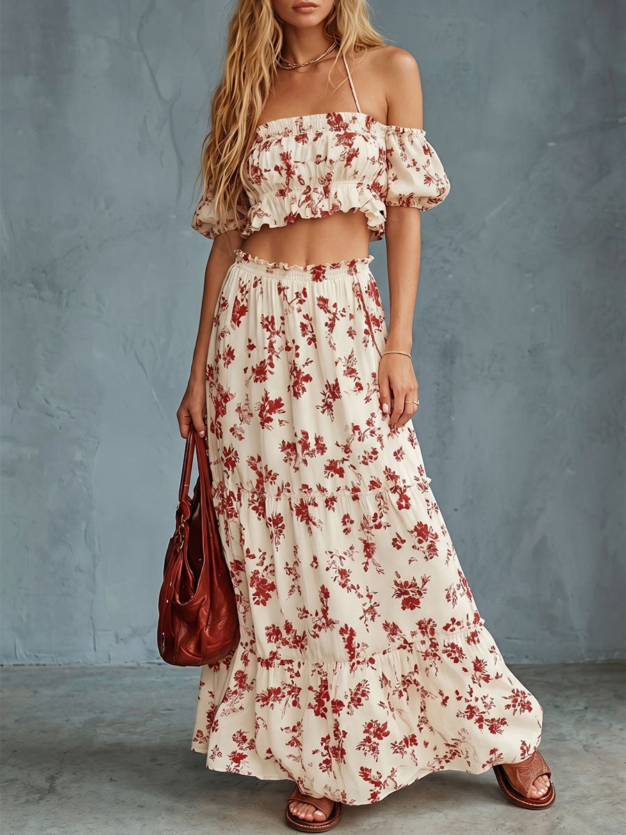 Women's Printed Off-white Short-sleeve Mesh Top With Tie Waist And Long Skirt Set